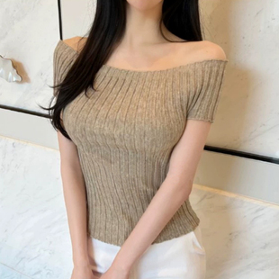 韩国东大门修身显瘦性感女人味一字露肩弹力纹理针织短袖T恤上衣