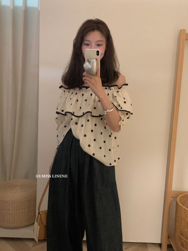 imiss韩版波点一字肩衬衫衬衣女