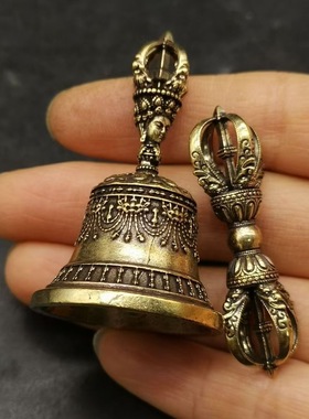藏式尼泊尔五股金刚铃杵响铜仿旧铃铛摆件密宗手摇铃迷你款式一套