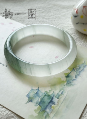 天然新疆天山翠玉手镯 半山半水飘花细圆条女款小手镯子 一物一图
