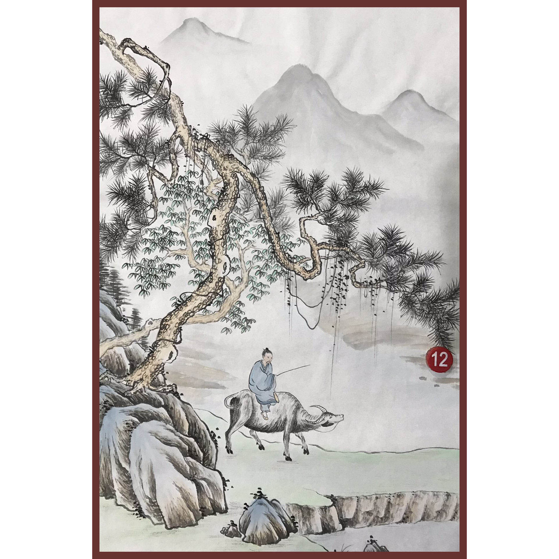 手工绘制收藏山水画松树国画古风装饰画人物水牛松石骑牛传统艺术