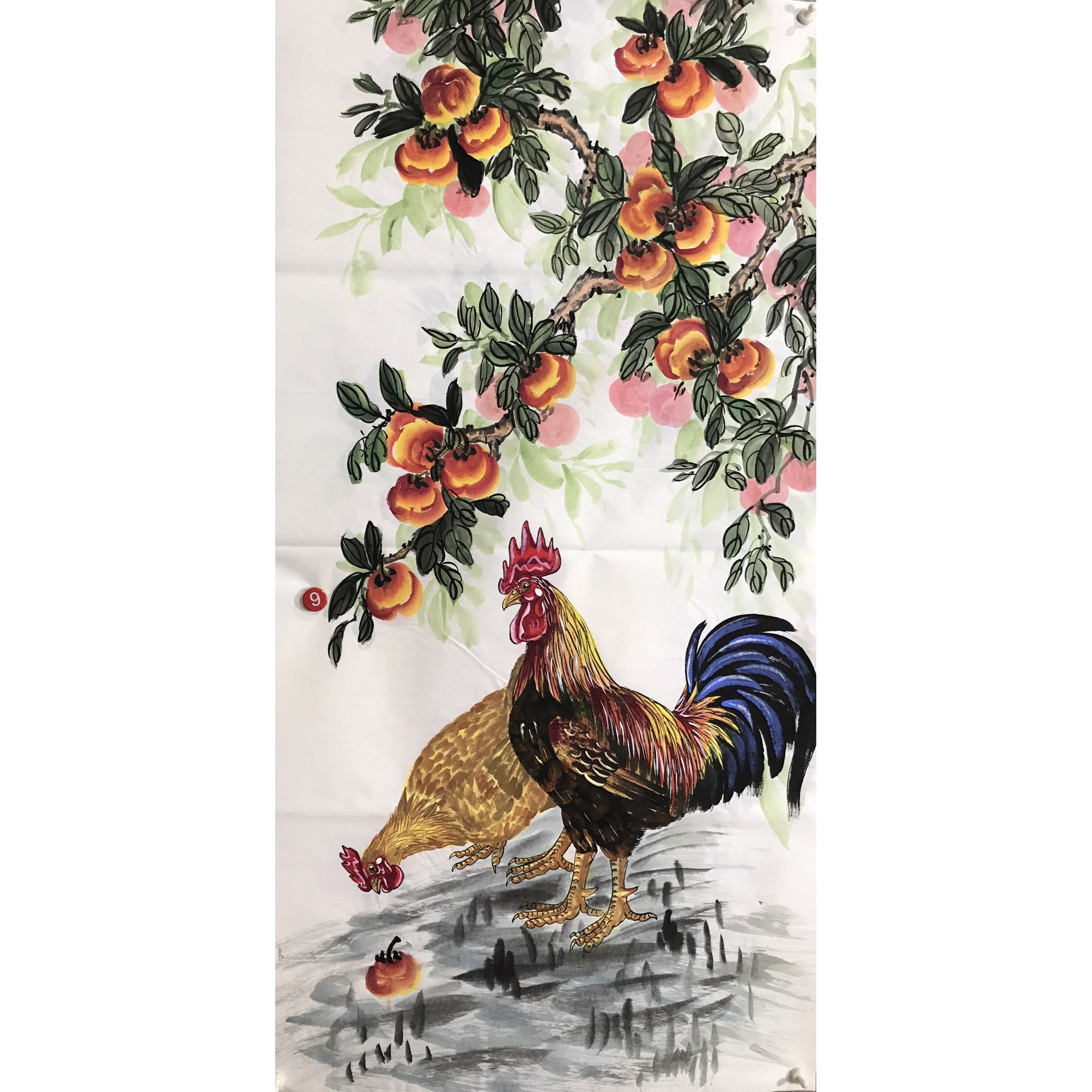 手工绘制四尺大公鸡柿子传统艺术装饰画大新中式吉祥挂画国画货源
