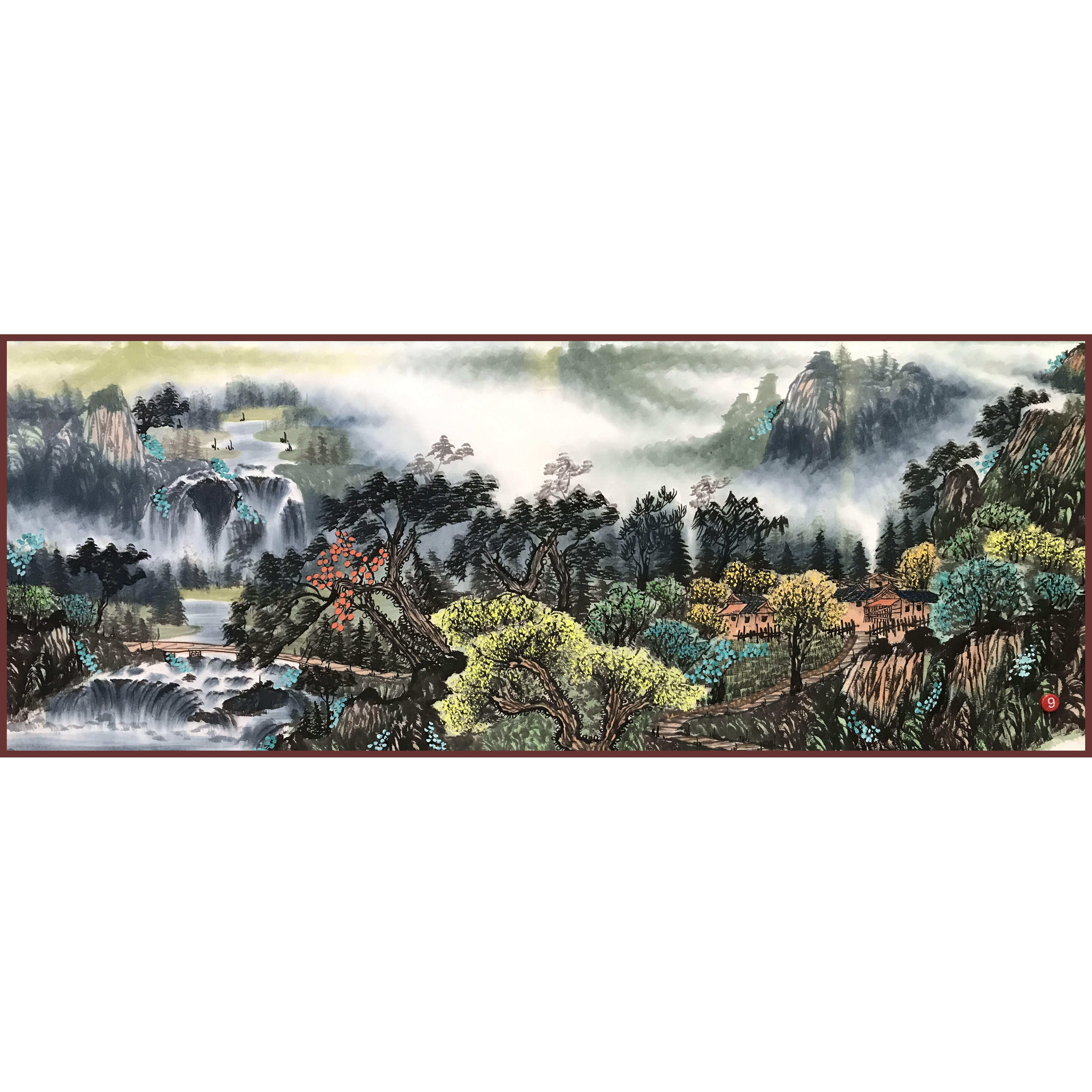 手工绘制小六尺曾刚风格山水风景画树小路桥流水房屋手绘国画传统