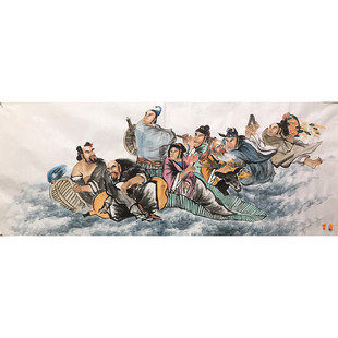 手工绘制小六尺八仙过海各显神通人物图案装饰挂画古典古风艺术