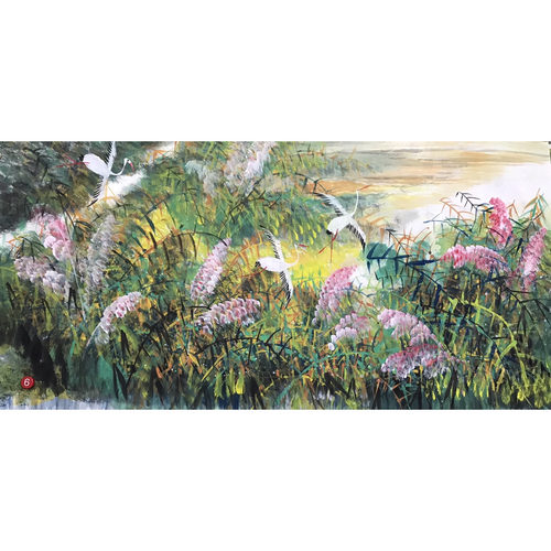 手工绘制四尺山水芦苇鹤风景国画家居收藏装饰客厅唯美艺术画货源