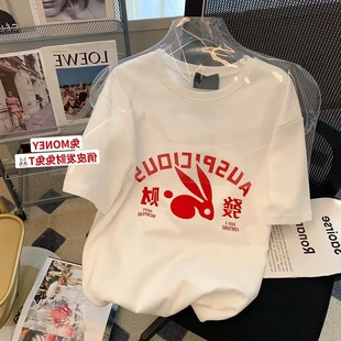 白色兔子发财字母短袖 2023早春新款 T恤女港味chic宽松学生上衣潮