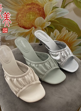 商场同款 2025夏款法式慵懒褶皱露趾穆勒拖高跟拖鞋女TA65303-13