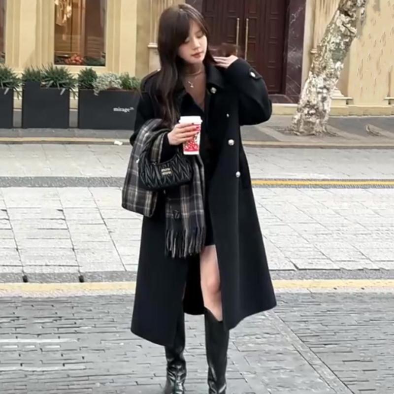 毛呢外套女中长款秋冬季高级感气质呢子大衣高个子双排扣英伦风