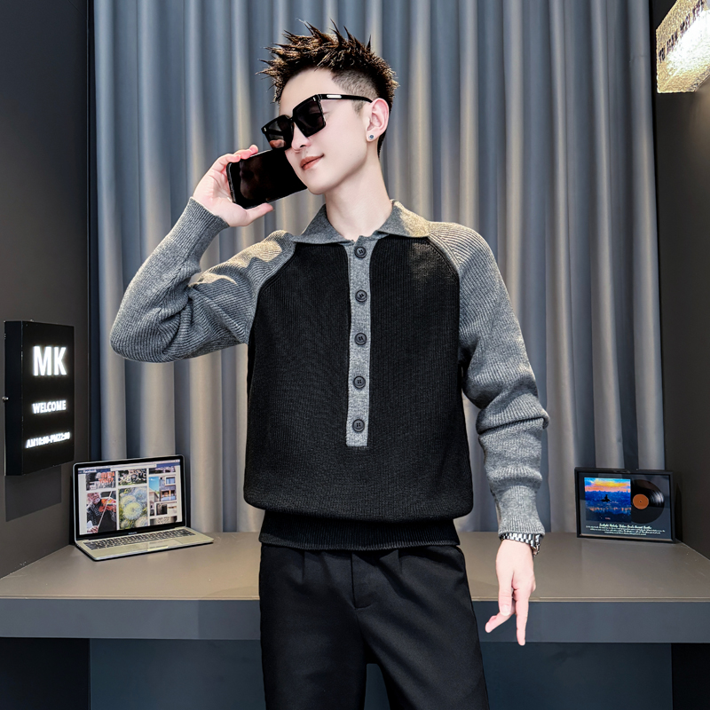 冬季拼接撞色毛衣男矮小个子155韩版修身翻领针织衫S号XS码休闲潮