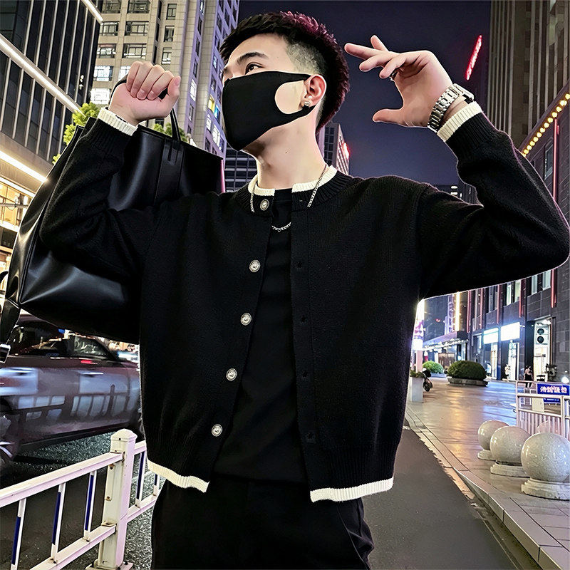 秋季新款xs小码小号撞色白边圆领针织开衫毛衣外套男修身线衣褂子