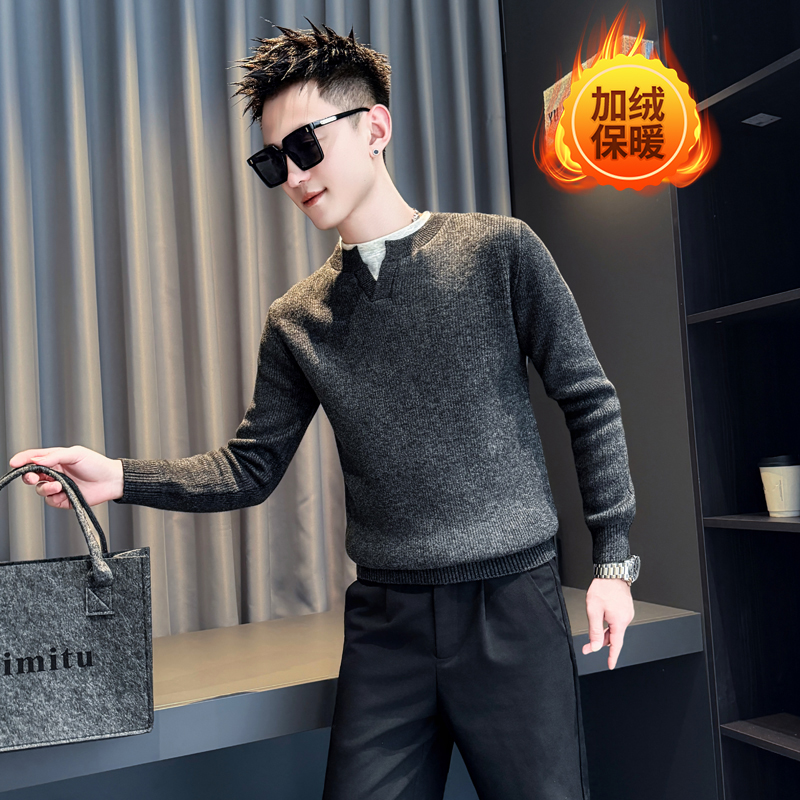 155冬季加小码S号修身打底XS码休闲加绒毛衣瘦小修身男圆领针织衫