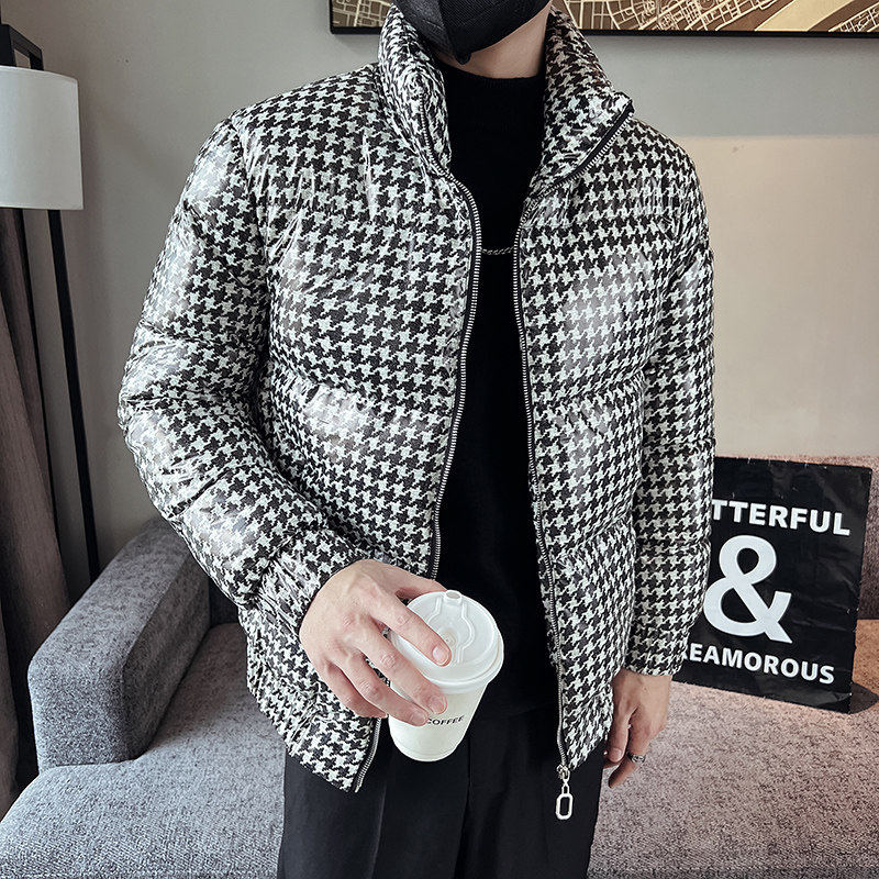冬季新款矮小个子男士格子加厚棉衣韩版潮流修身短款立领棉服棉袄