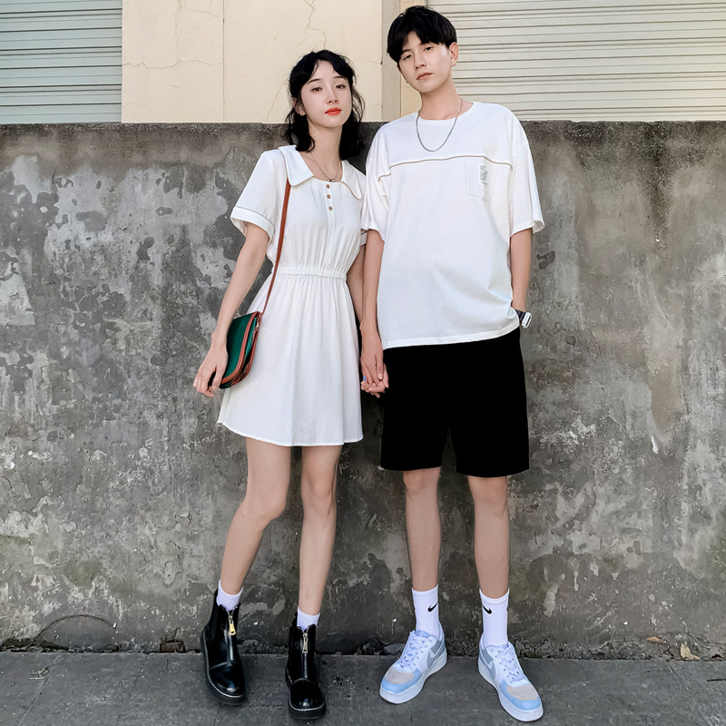 很仙的情侣装夏装套装2023潮流短袖T恤你衣我连衣裙子小众设计感