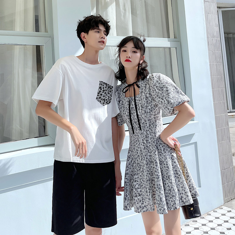 气质情侣装夏装套装法式设计感小众你衣我裙子度假短袖T恤不一样