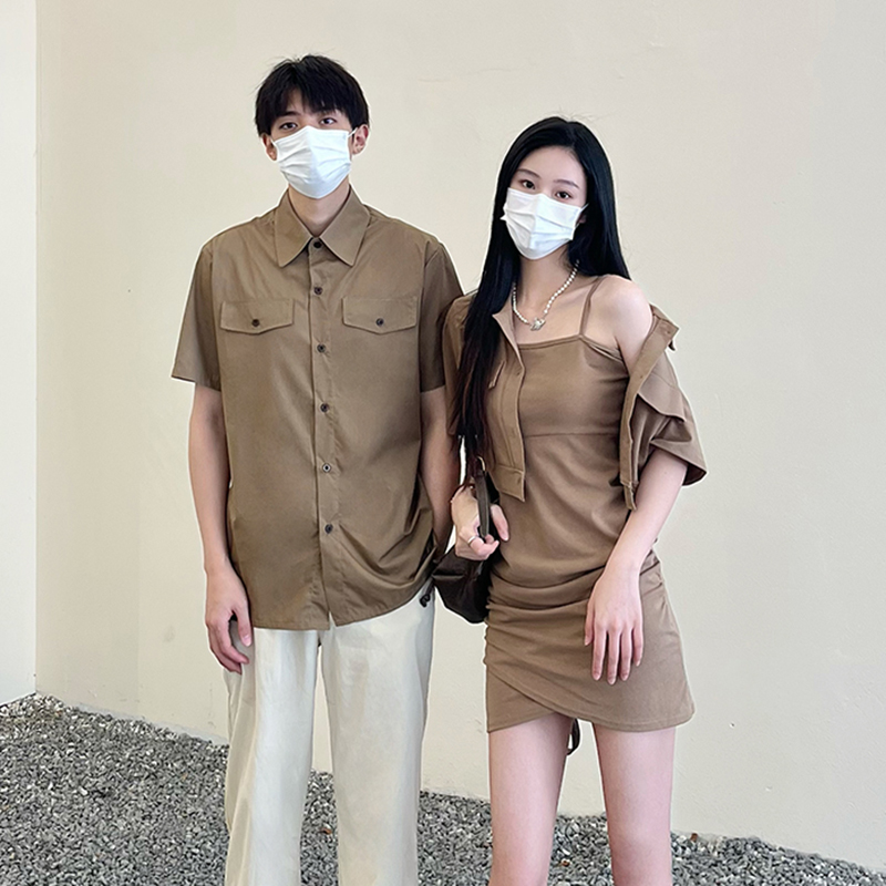 不一样情侣装夏装衬衫吊带连衣裙高级感一裙一衣海边度假沙滩套装