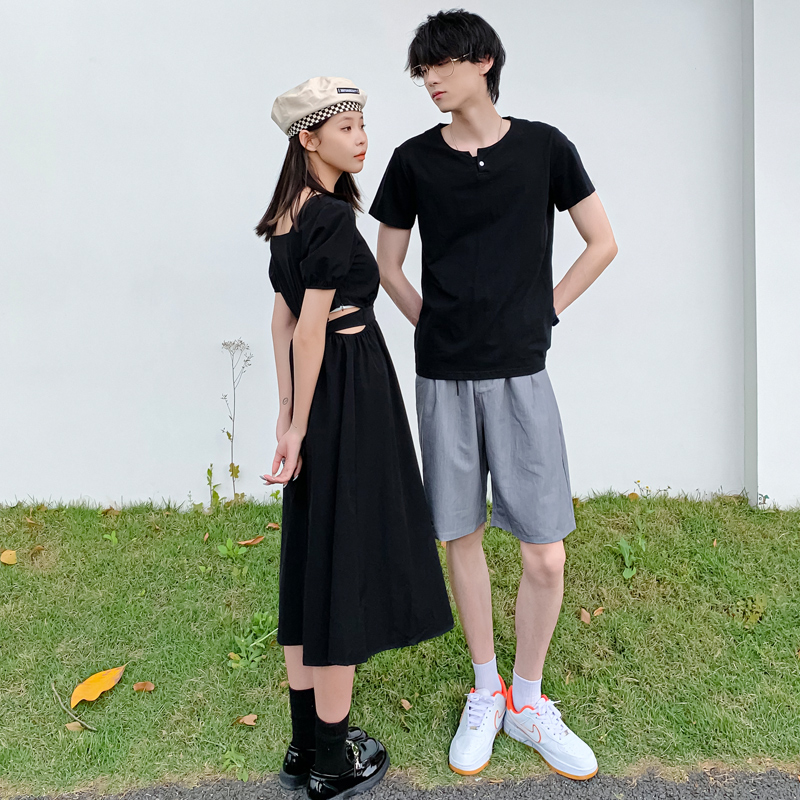 情侣装夏装套装纯棉短袖一裙一衣法式小众设计高级感T恤连衣裙春