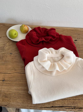 三年级 女童双花边翻领喇叭袖针织毛衣 女宝宝木耳边针织打底