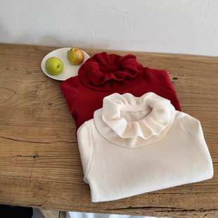 女宝宝木耳边针织打底 针织毛衣 三年级 女童双花边翻领喇叭袖