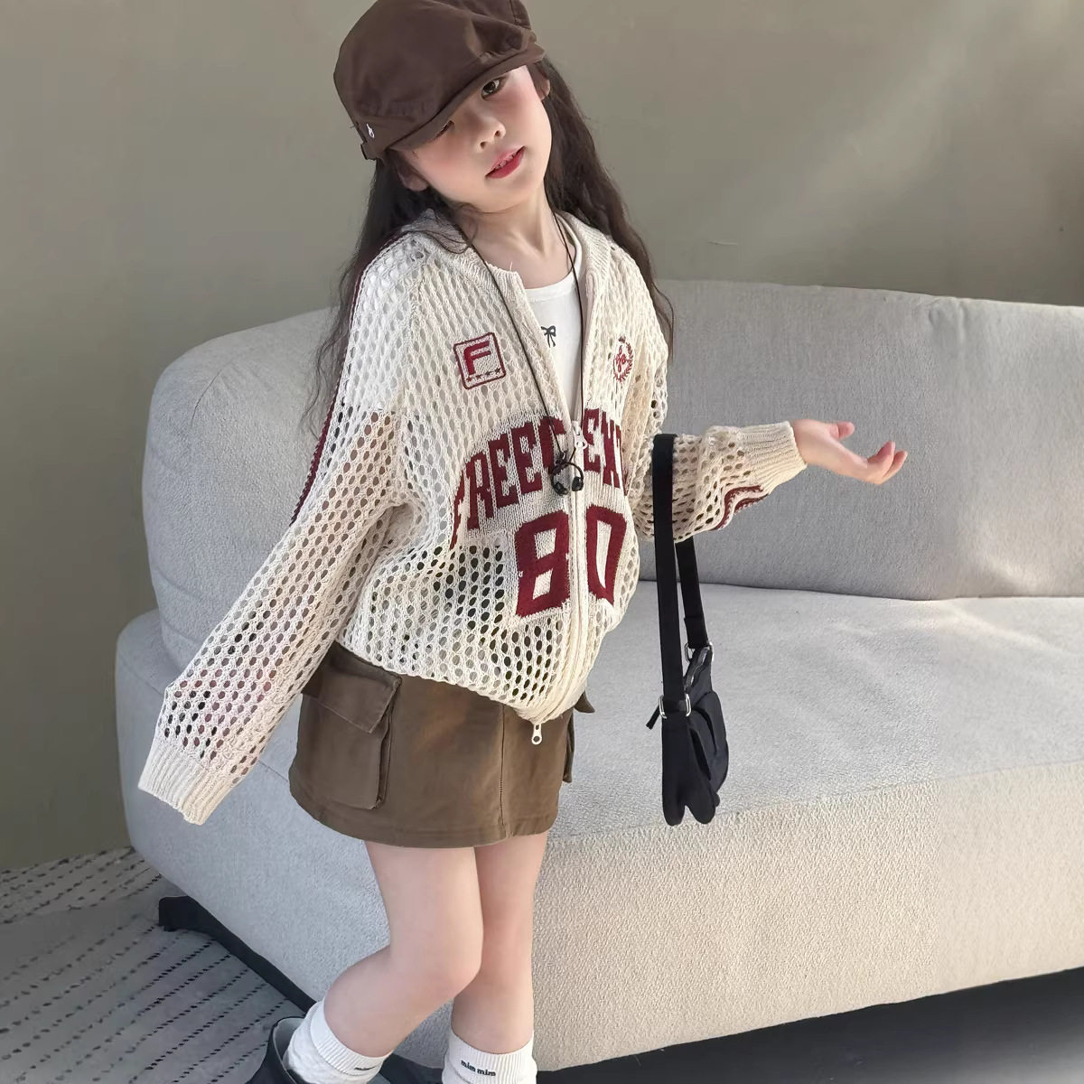 三年四班女童春夏凉感冰皮网眼镂空开衫美式复古运动薄款针织外套