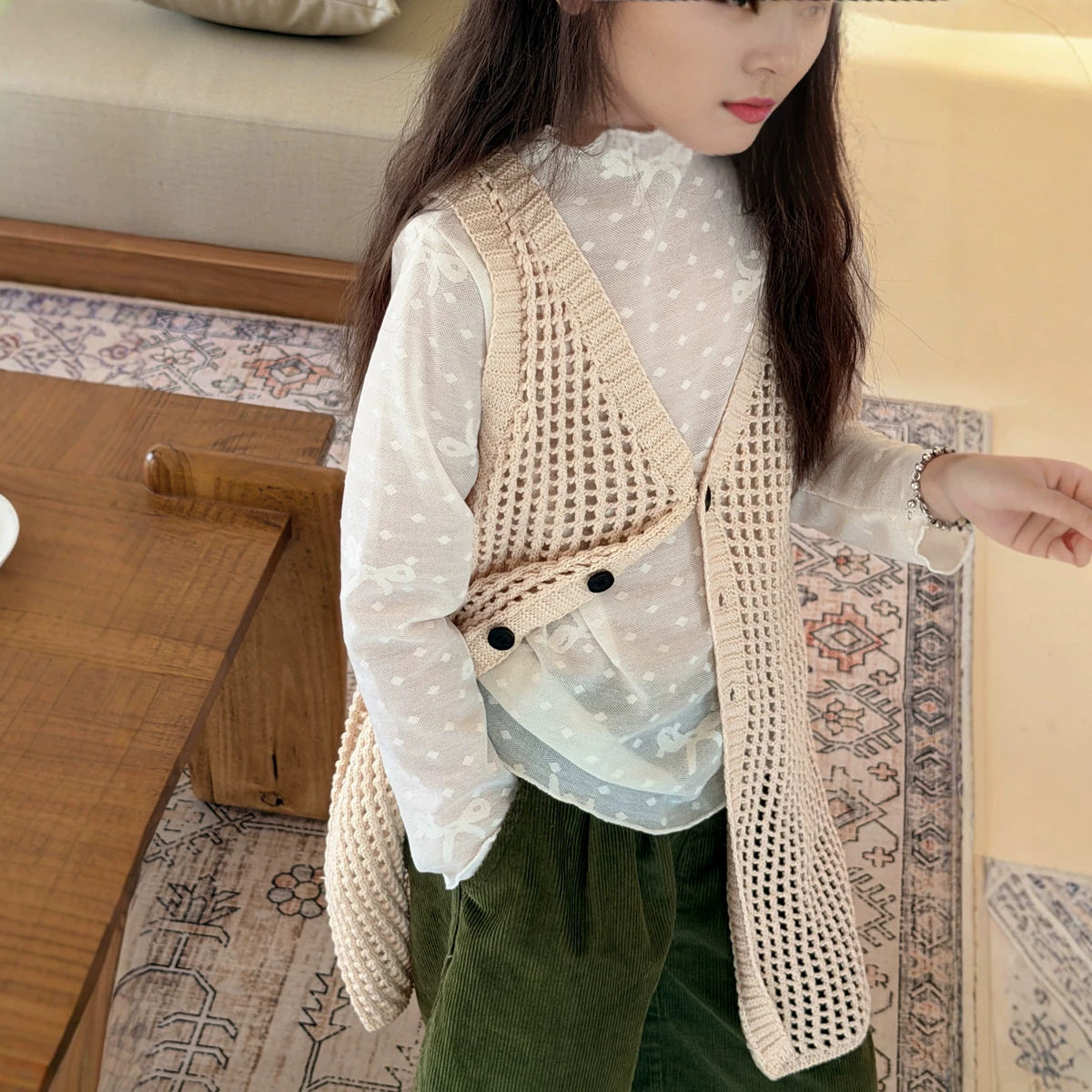 2026秋季新款童装 女童蝴蝶结蕾丝打底衫 儿童白色内搭叠穿半高领