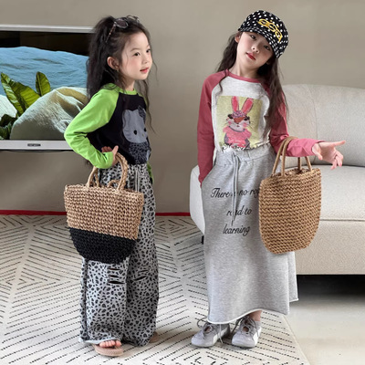 三年四班女童春季新款撞色卡通印花T恤 儿童美式复古插肩袖上衣