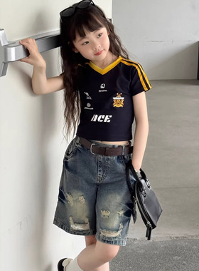 2026夏季新款童装 女童正肩美式复古T恤 儿童字母撞色织带短上衣
