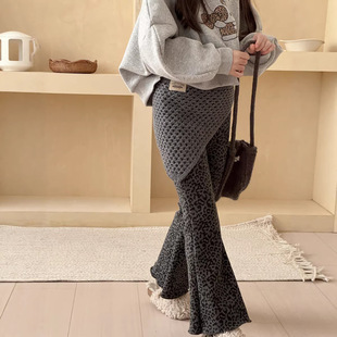 韩版 新款 加绒微喇裤 九分裤 三年级 女宝宝豹纹喇叭裤 女童冬季