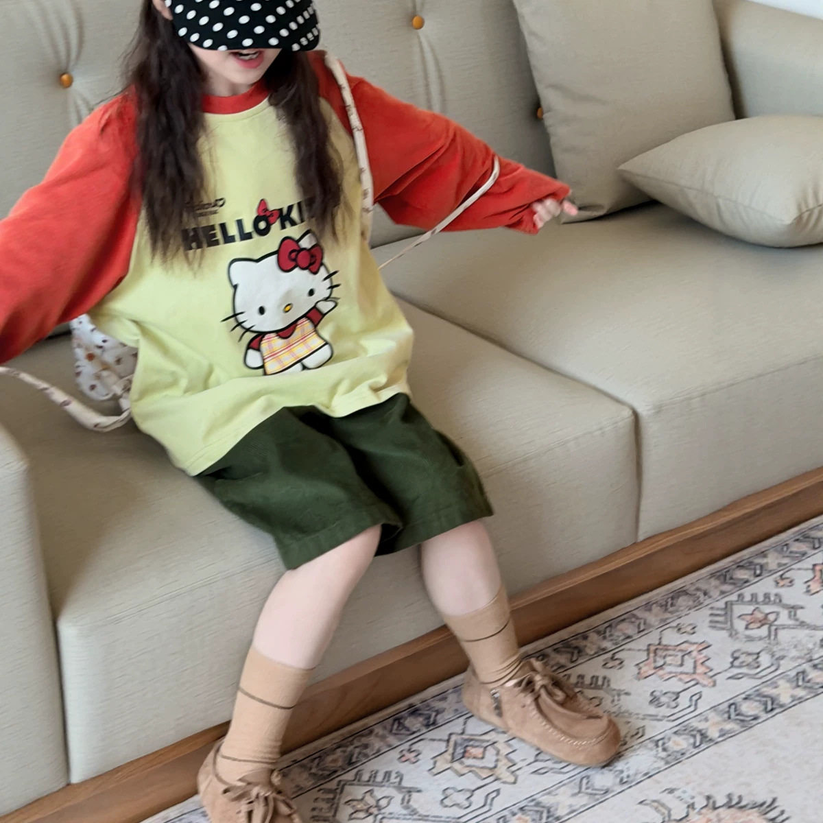 2026秋季新款童装 女童洋气猫咪印花T恤 儿童撞色插肩袖宽松上衣