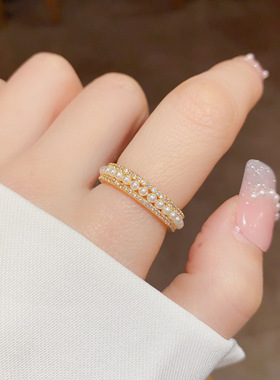 微镶珍珠戒指女开口冷淡时尚气质食指指环简约网红个性开口戒配饰