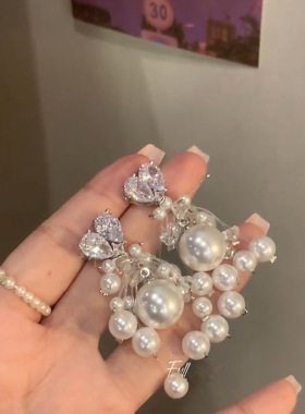 银针法式轻奢爱心锆石不规则珍珠流苏耳环高级感夸张鱼线烟花耳饰