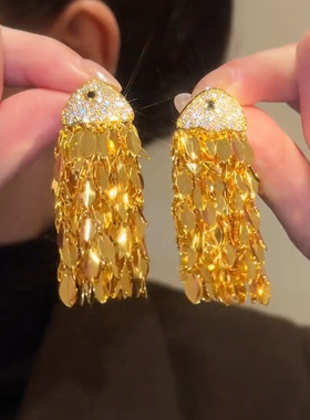 重工鱼形金属亮片流苏耳环轻奢高级感名媛气质耳钉S925银针耳饰女