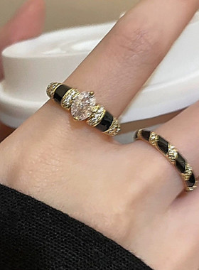 轻奢精致锆石黑色滴油开口戒指女复古简约时尚气质百搭指环戒子