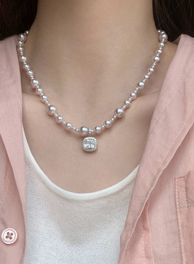 微镶方锆石曼塔玫瑰施家珍珠项链轻奢小众高级感颈链气质锁骨链女