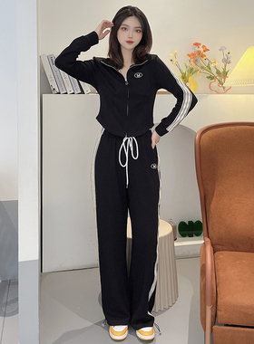 MOPB 复古条纹织带长袖卫衣直筒抽绳休闲长裤卫衣套装