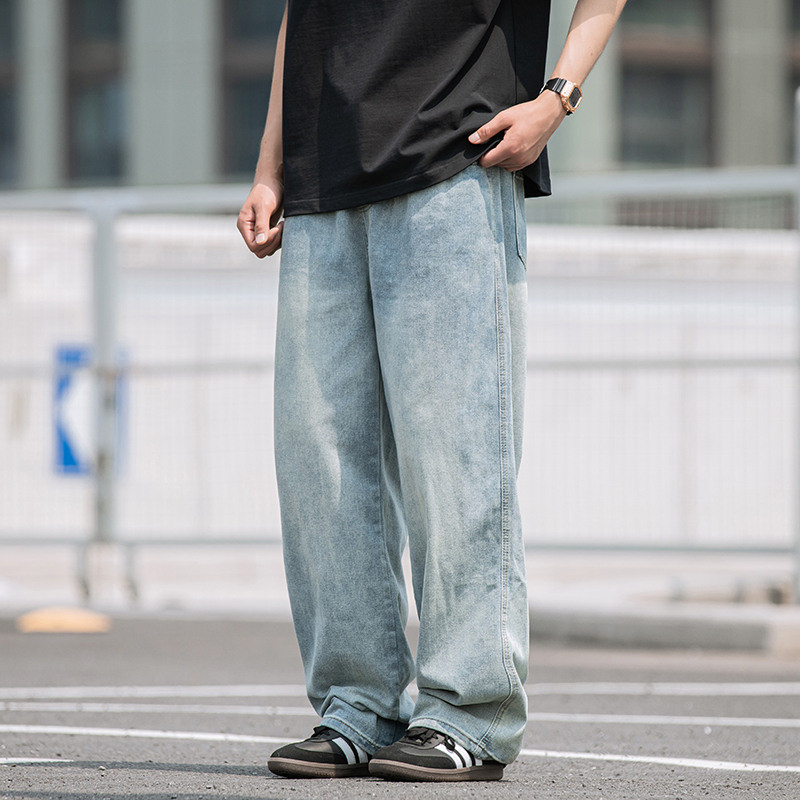 BOLM春秋季日系水洗浅蓝色垂坠感宽松直筒阔腿牛仔裤男抽绳长裤潮