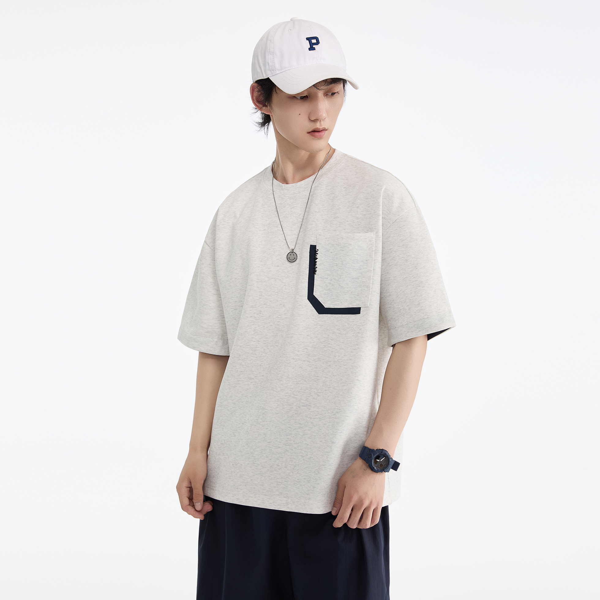 BOLM 夏季新款日系口袋拼色刺绣短袖T恤男宽松圆领五分袖体恤衫潮