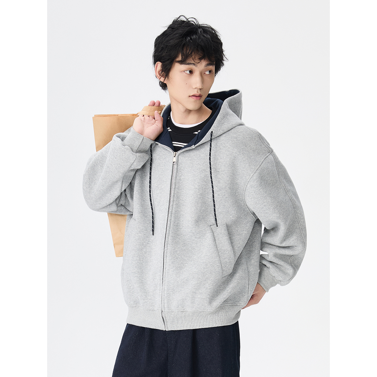 BOLM秋季新款连帽卫衣男宽松休闲纯色拉链开衫外套灰色帽衫运动潮