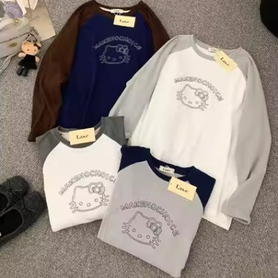 Lake新款秋冬慕斯绒插肩撞色拼接长袖打底上衣珠点刺绣