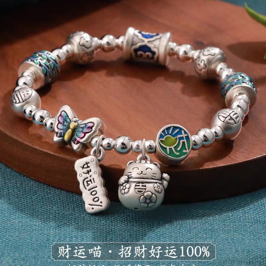 招财猫珐琅彩新中式复古足银手链手链