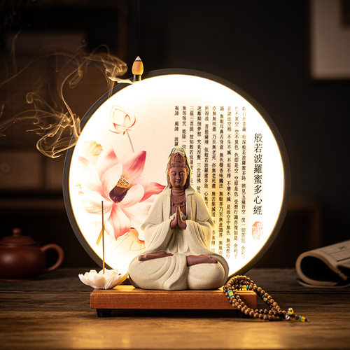 中式禅意摆件观世音菩萨佛像陶瓷家用灯圈客厅供奉倒流香玄关装饰