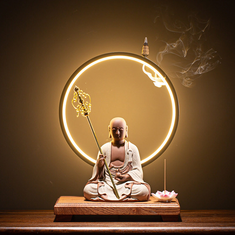 新中式LED灯圈地藏王菩萨摆件陶瓷人物佛像家居玄关摆件