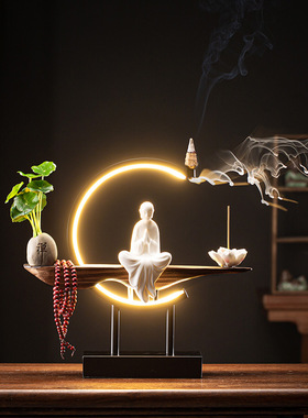 陶瓷白色倒流香创意灯圈禅意小和尚茶桌茶台小摆件精品家居装饰品