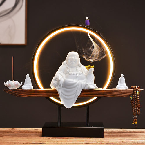 招财弥勒佛摆件陶瓷笑佛创意带灯光新中式禅意客厅玄关办公室书桌