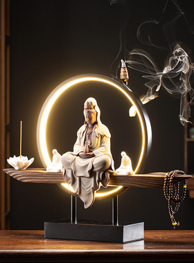 禅意观音佛像陶瓷灯圈摆件家居客厅供奉镇宅倒流香玄关装饰工艺品
