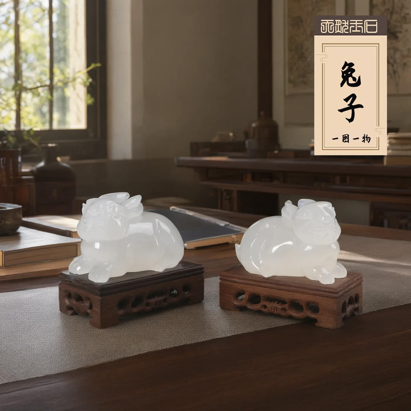 小兔子摆件十二生肖玄关天然玉石