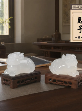 小兔子摆件十二生肖玄关天然玉石