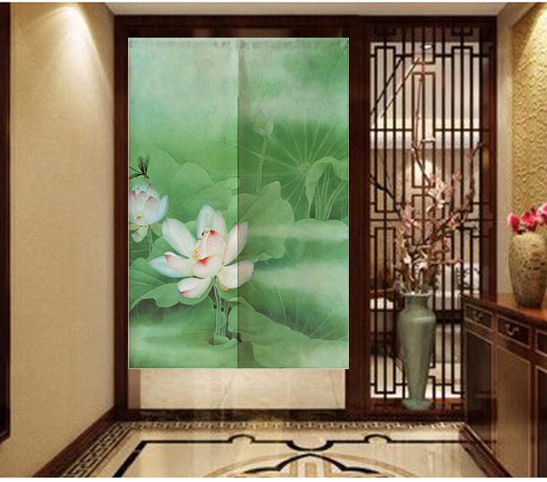 禅意荷韵定制布艺门帘卧室客厅玄关厨房布帘隔断长帘半帘装饰挂帘