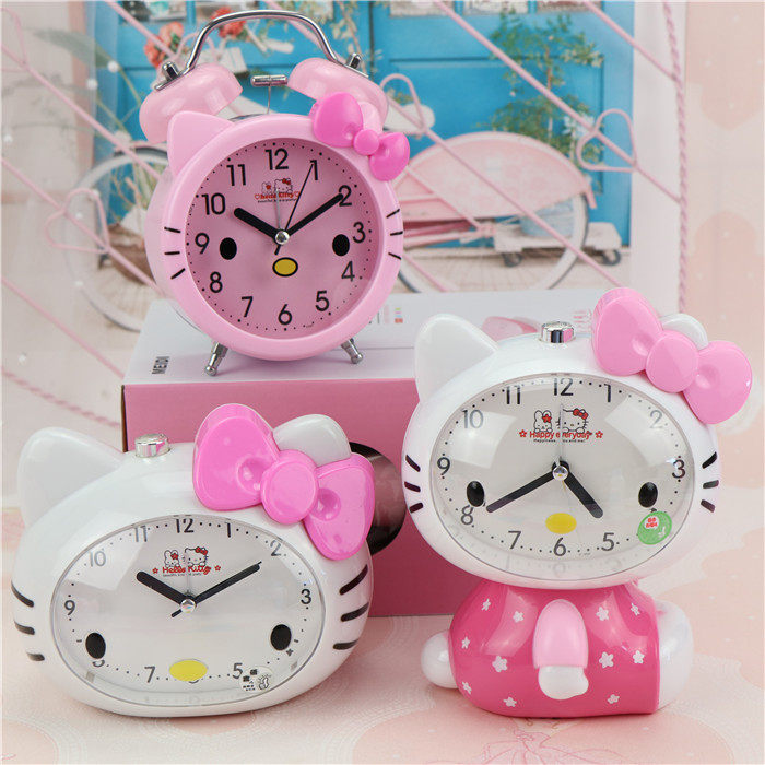 包邮卡通猫咪粉色小猫台式闹钟小闹钟打铃闹钟带夜灯学生起床闹钟