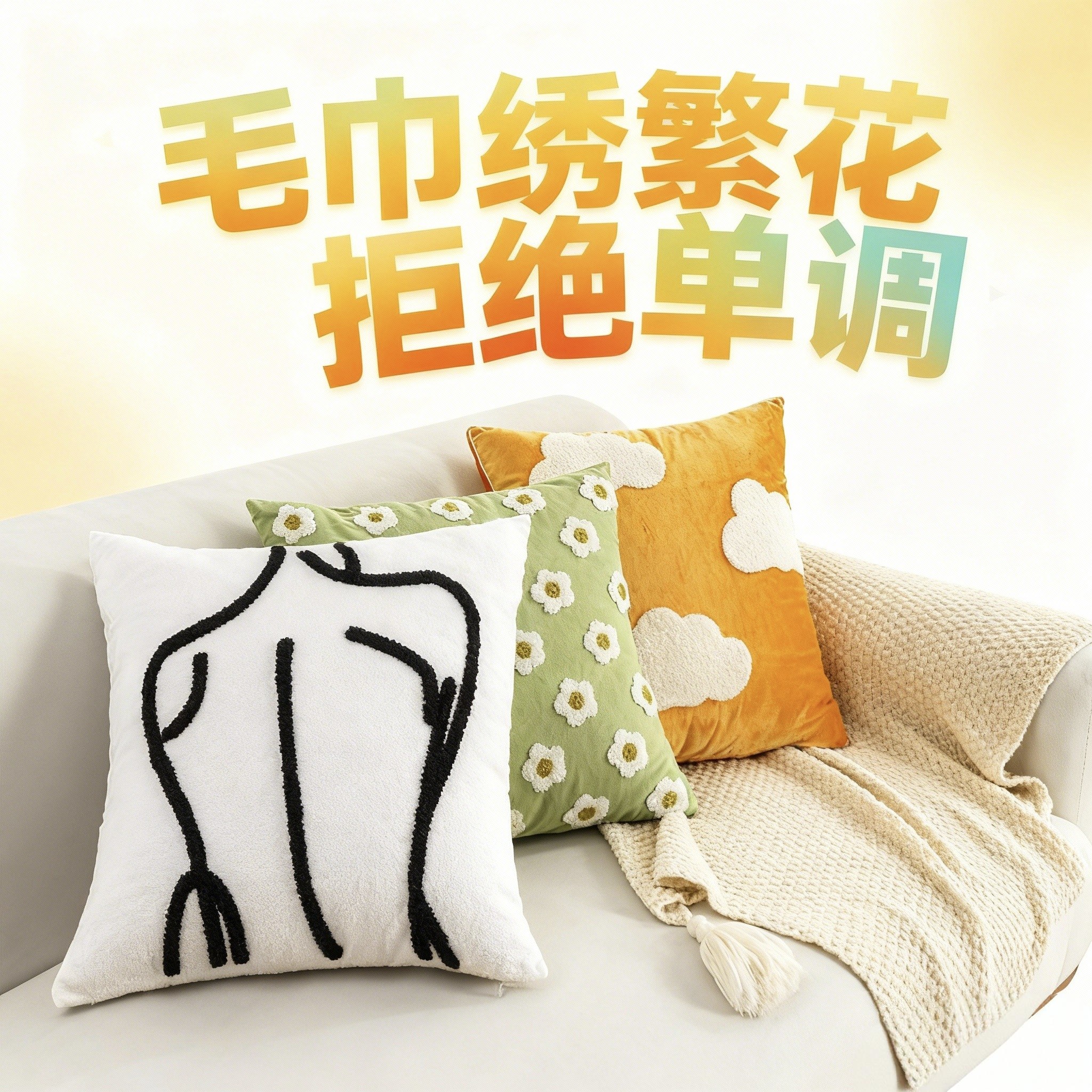 毛巾刺绣繁花抱枕套简约家居客厅沙发装饰靠垫套飘窗小雏菊靠枕