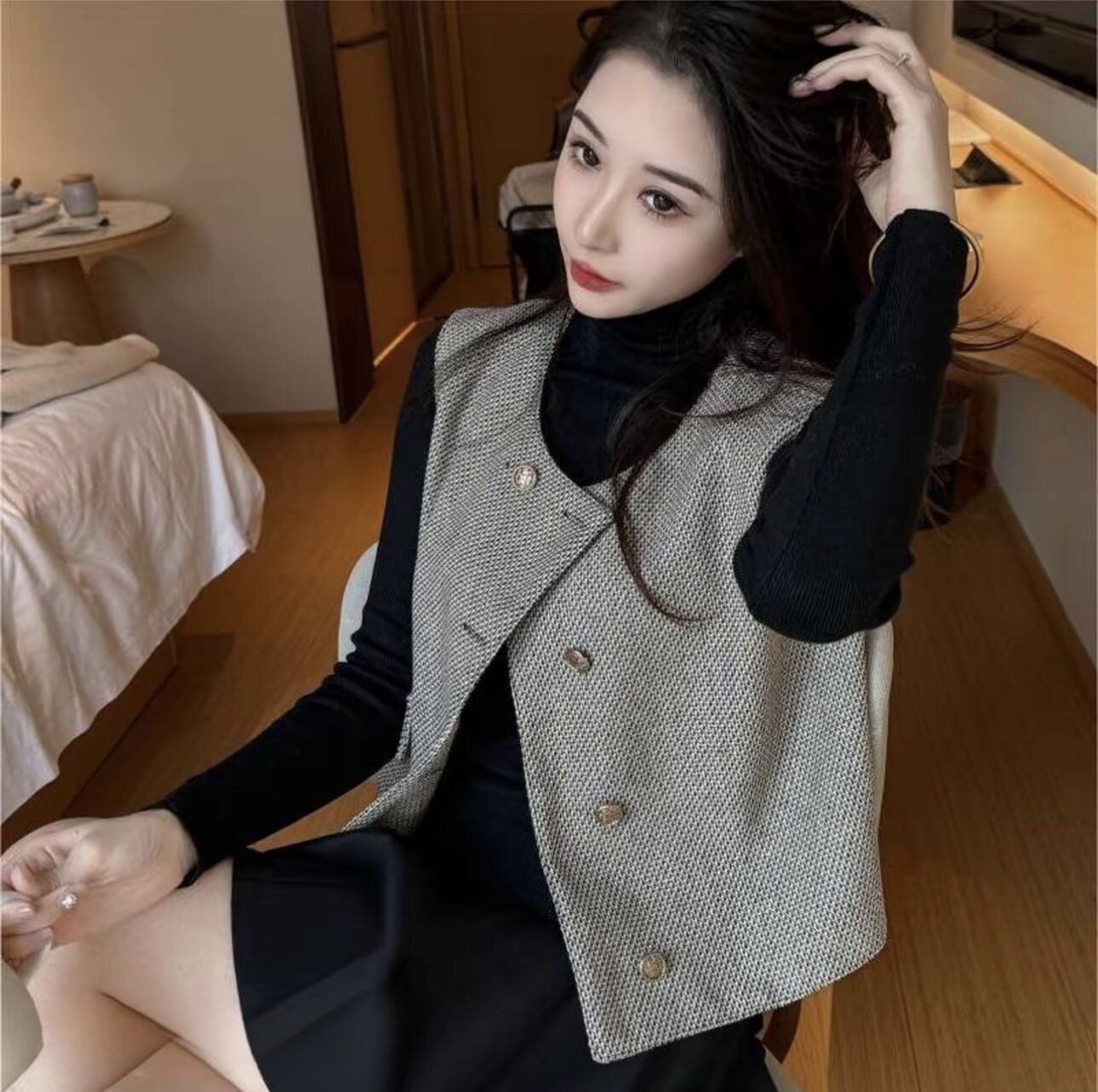 南郭良品小香风西装马甲外套女春秋外穿短款法式名媛无袖马夹坎肩